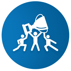 Icon of three figures holding up a trophy, symbolizing teamwork and achievement, outlined in white on a blue background.