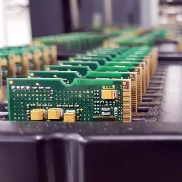 Close-up view of a series of green electronic circuit boards lined up in production trays at a manufacturing facility.