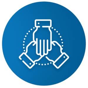 Icon depicting three hands clasping each other in a circular formation, outlined in white on a solid blue background.