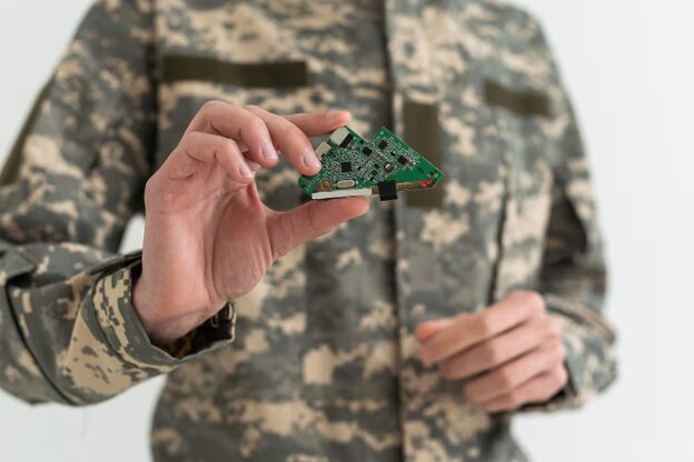 Military personnel holding a circuit board, showcasing Electronics in Advanced Military and Defense Systems.