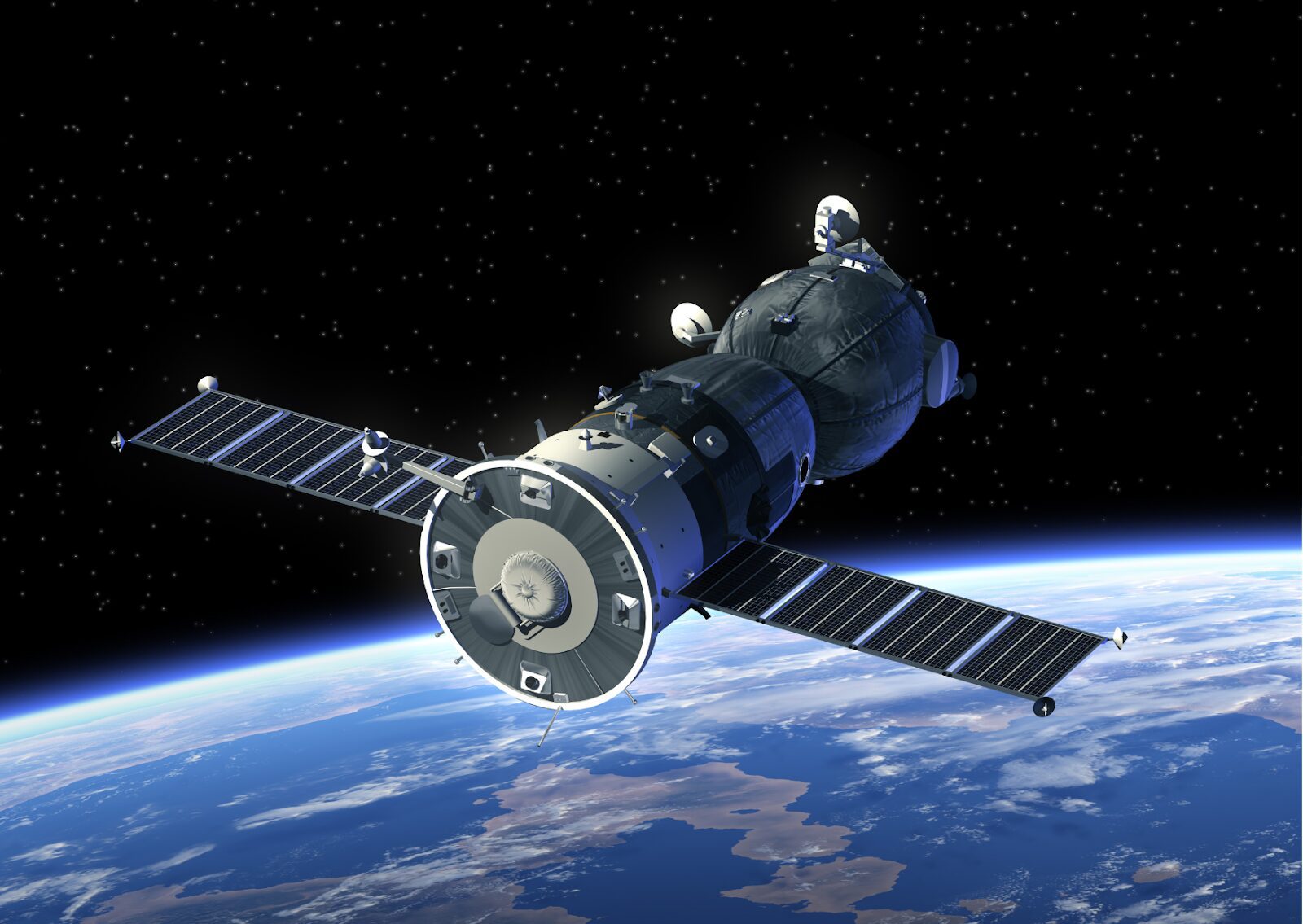 A satellite with solar panels orbiting Earth in deep space, illustrating Electronics in Space Applications.